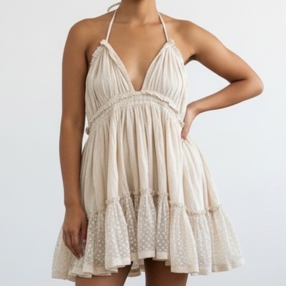 Sweet Lovely by Jen Beige Halter‎ Mini Dress Large Ruffle whimsy coquette fairy